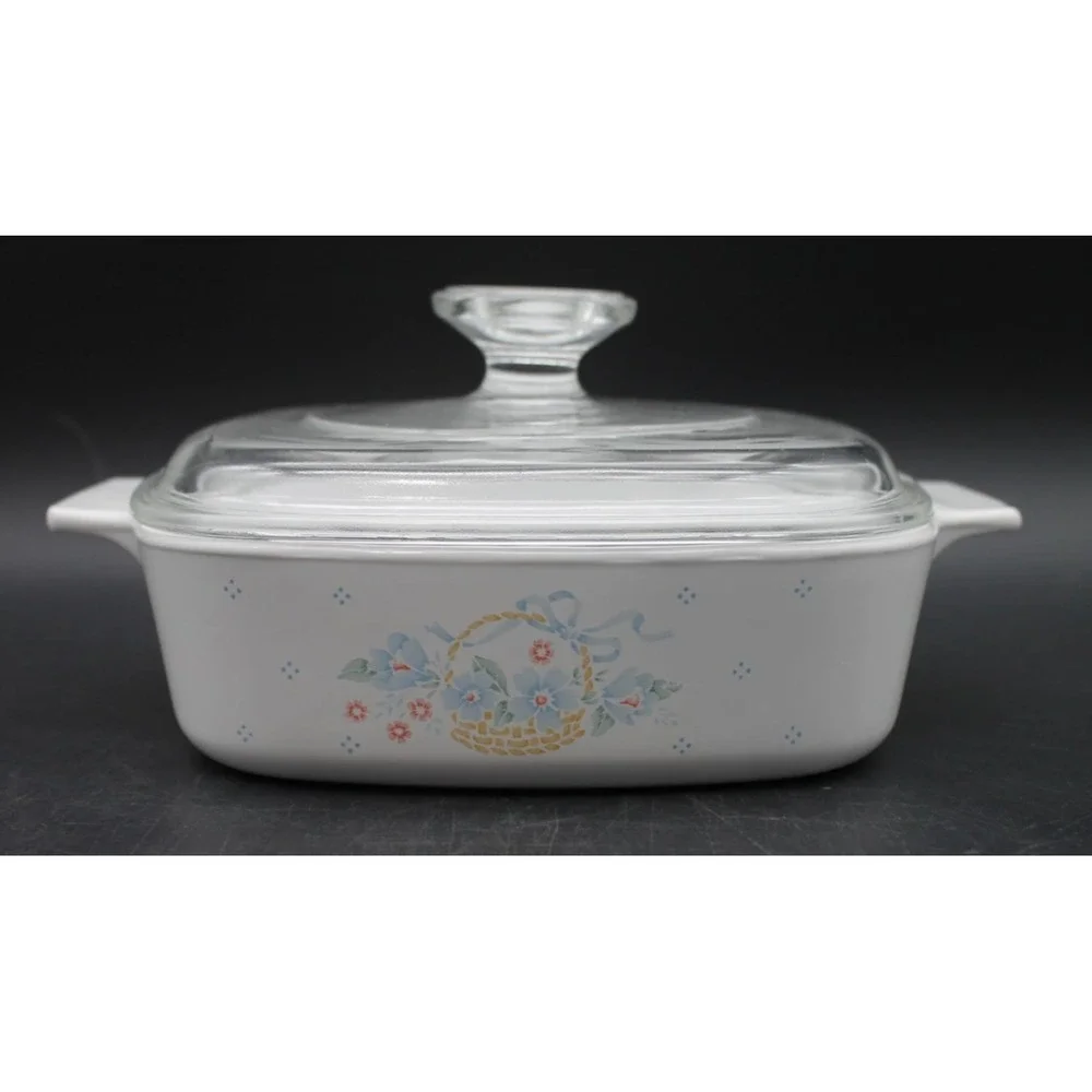 Vintage Corning Ware A-1-B 1 Liter Casserole Dish w Pyrex Lid Floral Basket